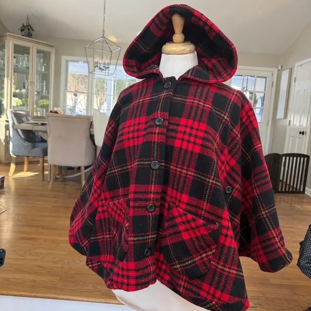 Pendleton Vintage Red Black Plaid Wool Hooded Cape Poncho Made USA OS